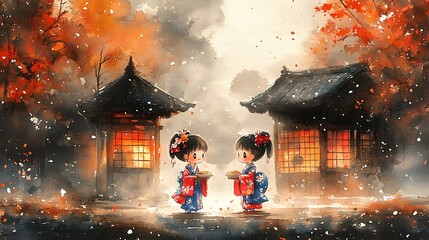 Two Young Girls in Kimono Delivering Treats in a Watercolor Painting.