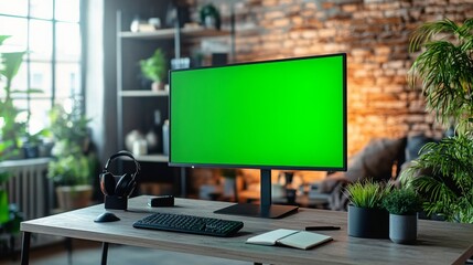 Poster - Modern home office setup with green screen monitor