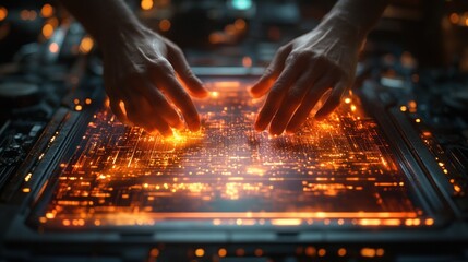 Wall Mural - Hands Interacting with Glowing Circuitry