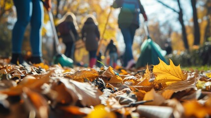 A group of volunteers tidying up a park in autumn, collecting fallen leaves with rakes and bags. The scene captures community spirit and environmental care during a crisp fall day.