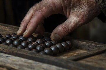 Close-up of an elderly hand interacting with an abacus