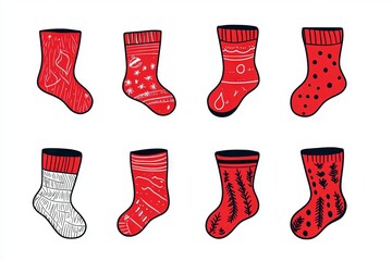 Wall Mural - Hand Draw Christmas red sock set, stocking present holiday santa set.