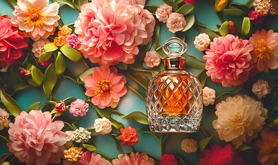 Canvas Print - A Glass Bottle of Perfume Surrounded by  Flowers