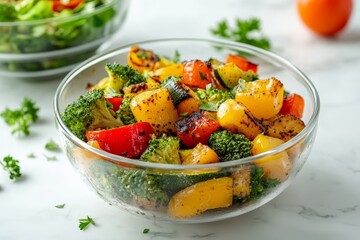 A colorful bowl of grilled vegetables, including zucchini and red peppers, broccoli, yellow bell peppers, and other vegetable pieces, placed on a white table with a blurred background.