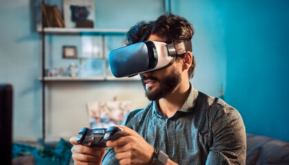  VR, future, gadgets, play the game technology concept . man playing video games online 