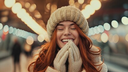 A red-haired woman wearing gloves and winter smiles while standing in the subway station.