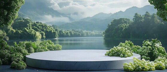 Wall Mural - there is a large round table with grapes on it in front of a lake