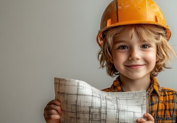 Little Architect:  Smiling boy wearing hardhat holding blueprints