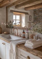 Rustic Bathroom A rustic bathroom with wooden beams, a stone sink, and copper fixtures. Include a large mirror and natural light