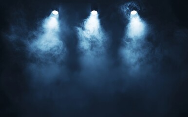 Poster - Luminous stage with scenic lights and smoke. Blue modern spotlight with smoke volume light effect on black background. Stadia clouds projection, stock image
