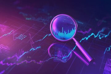 Aufkleber - Analysis of data, search engine optimization. Magnifier, charts, graphs. Univ. and neon screens. Stock.