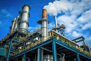 Fototapete - Industrial plant releasing smoke into blue sky with clouds