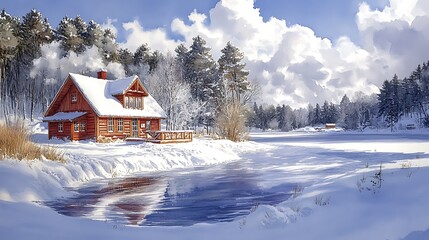 Wall Mural - Cabin by the Frozen Lake in Winter Wonderland.