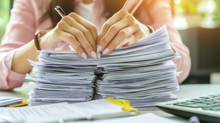 Poster - On work desk in office, business report papers, a businesswoman is looking for information in piles of files. Created with Stock technology.