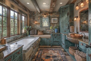 Rustic Bathroom A rustic bathroom with wooden beams, a stone sink, and copper fixtures. Include a large mirror and natural light