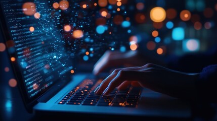 Portrait hand of software engineer working on laptop with circuit board. AI generated