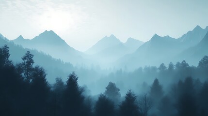 Canvas Print - Misty Mountain Landscape with Silhouetted Trees