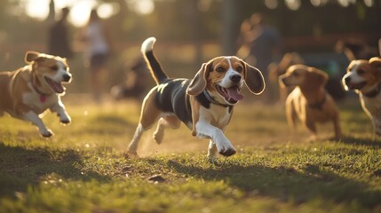 Sticker - A group of playful dogs running in a sunlit park, enjoying their time outdoors.