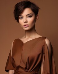 Wall Mural - studio portrait of a brunette model with short hair wearing a brown dress with nude shoulders on brown background, fashion photography	