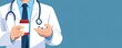 © Anissa - Flat design of a doctor holding a pill bottle, symbolizing medication as part of obesity treatment, isolated background, close-up.