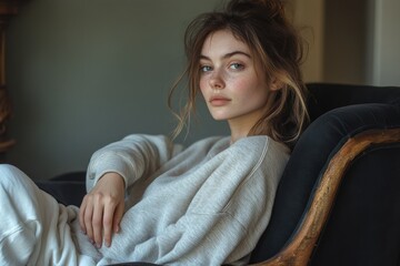 Poster - Portrait of a Young Woman Sitting in a Chair