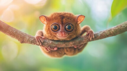 A close-up of a cute primate hanging from a branch, showcasing its large eyes and fluffy fur in a green, natural environment.