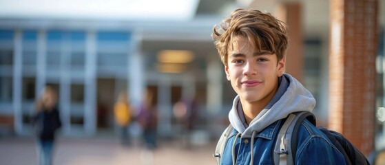 A young man wearing a blue jacket and a backpack is smiling for the camera