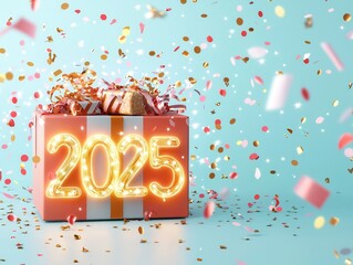 Canvas Print - 2025 New Year Gift Box with Confetti.