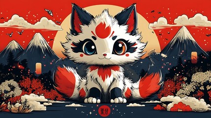 Sticker - Adorable Japanese Fox Kit with Mountain Background.