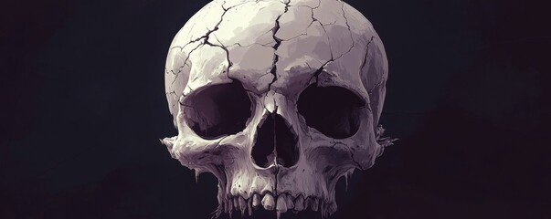 Realistic skull, fractured with cracks, dark tones, flat design illustration