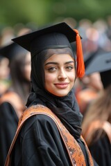 A woman wearing a black graduation gown and a black cap with an orange tassel