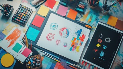 A flat lay of design tools, including a sketchbook filled with logo ideas, a tablet showing a digital art project, and vibrant color swatches scattered on a desk.