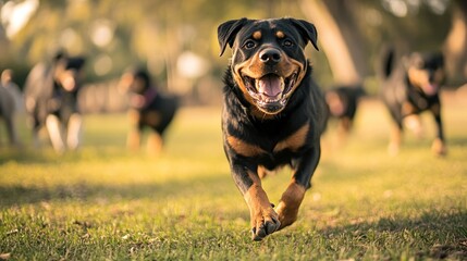 Sticker - A happy Rottweiler runs joyfully in a park with other dogs in the background.