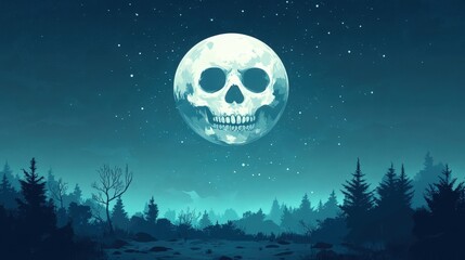 Skull beneath a full moon, dark and eerie night, flat design illustration