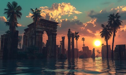 Poster - Ruins of an Ancient City Submerged in Water at Sunset