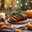 © SONYA DESIGN - A beautifully baked loaf of pumpkin bread rests on a cutting board, surrounded by vibrant pumpkins and autumn leaves.