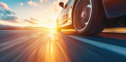 The car is driving on the road, close-up of wheels in motion, blurred background with beautiful landscape and sunset. Background banner for advertising summer travel or family vacation