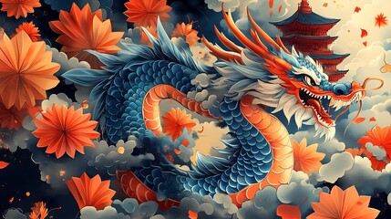 Sticker - Fiery Dragon in a  Cloud of Flowers.