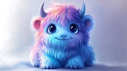 Poster - Cute Blue and Pink Furry Monster with Big Eyes.