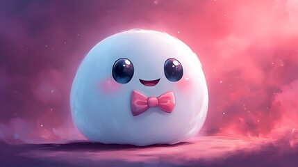 Poster - Cute White Character with a Pink Bow Tie in a Pink and Purple Sky.