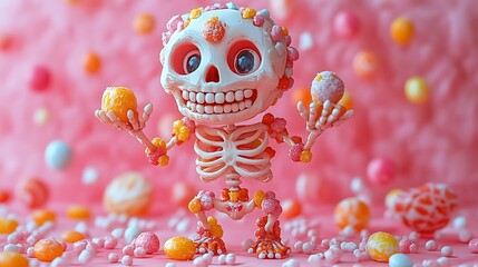 Wall Mural - Candy Skull Skeleton with Scattered Colorful Treats.