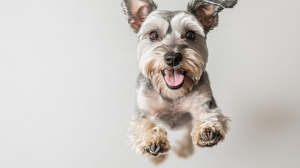 A joyful dog leaps in the air, showcasing its playful spirit and excitement.