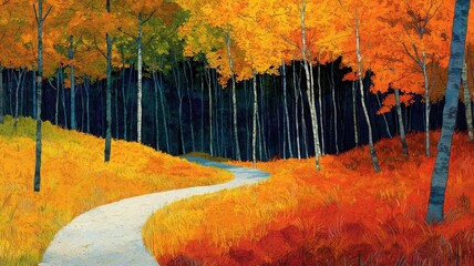 Autumnal forest in New England, with vibrant foliage and a winding path, hand-drawn with warm, rich colors Travel postcard, Forest landscape, Hand-drawn