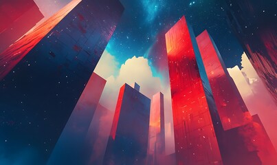 Sticker - A Low Angle View of Skyscrapers in a City with a Starry Sky