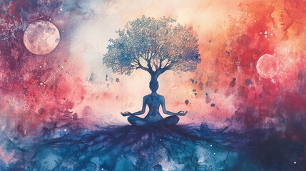 Relaxing images of meditation, featuring trees and watercolors.