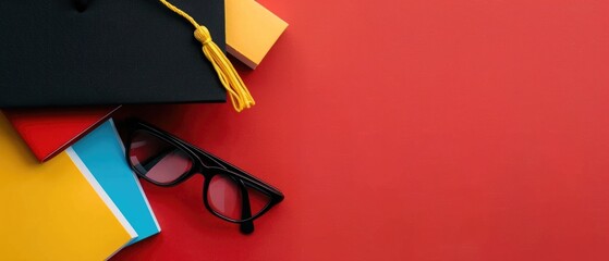 A graduation cap and glasses are on top of a red background