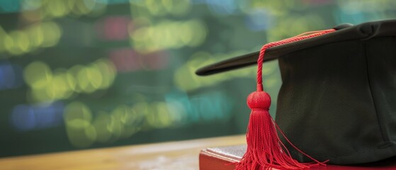 A black cap with a red tassel sits on top of a book