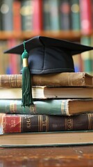 A black cap with a green tassel sits on top of a stack of books