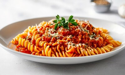 plate pasta with tomato sauce and parise