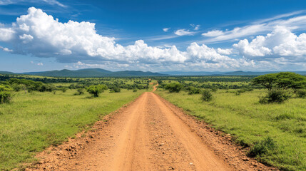 a long dirt road stretching into the distance through the african savannah, surrounded by lush green